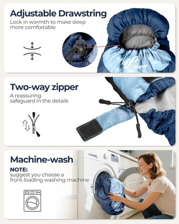 Сплячий мішок Outdoor Sportneer для дорослих та дітей - легкий, портативний, для кемпінгу, походів, рюкзаків, 220x80см, темно-синій + світло-синій