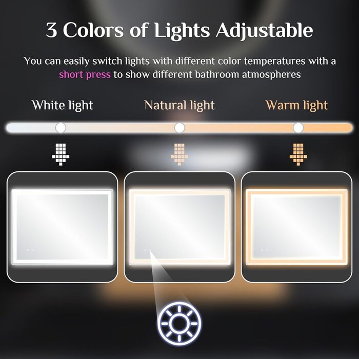 Дзеркало для ванної кімнати Clevich з підсвічуванням 70x50 см, LED, 3 кольори світла, диммування, загартоване скло, захист від вибуху, сенсорне управління, пам'ять, антизапар, 70L x 50B см