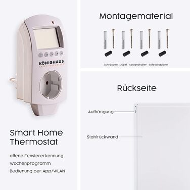 Інфрачервовий настінний обігрівач Könighaus 1000 Вт зі Smart Thermostat - TÜV SÜD, 5 років гарантії, подвійний захист від перегріву, для приміщень до 26 м²