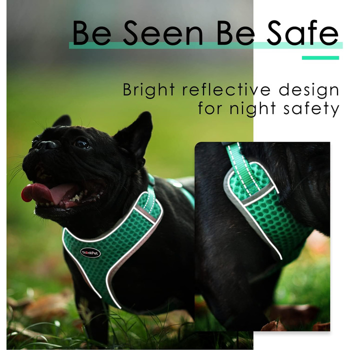Шлейка для собак ThinkPet No-Pull, дихаюча, для маленьких, середніх та великих собак, регульована, м'яка, для прогулянок, з контролем, з підкладкою, світловідбиваюча (зелена, S, 1 шт.)