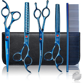 Професійний набір ножиць для грумінгу собак Moontay 7 дюймів (3 ножиці): вигнуті, прямі, розріджувачі (блакитний)