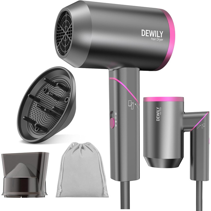 Складаний фен DEWILY Profi: потужний, тихий, для подорожей, 3 режими, 2 насадки (сірий)