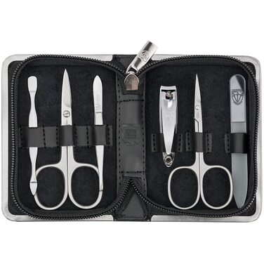 Набір для манікюру та педикюру DREI SCHWERTER 'Ferrara' 6 предметів, німецька якість, чорна шкіра | Манікюрний набір, шкіряний чохол, 6 предметів: ножиці для нігтів, ножиці для кутикули, кусачки, скляна пилка, засіб для очищення нігтів, пінцет