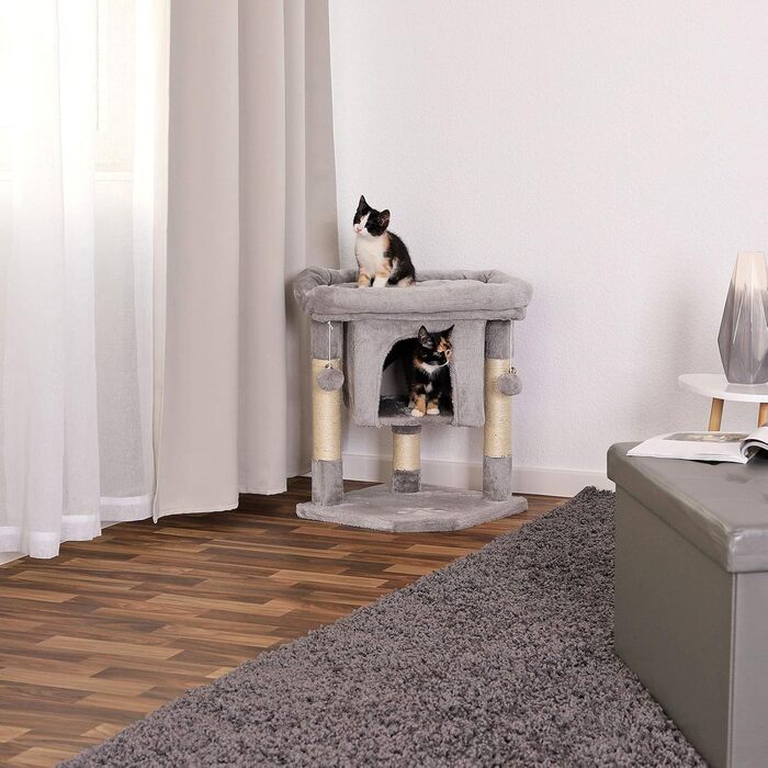 Lionto Scratching Post for Cats with Cave & 2 Plush Balls including Bell, Height 60 cm, Cat Tree with Robust Sisal Rope & Soft Plush, Cozy Lying Area, for Small & Large Cats, Light Grey