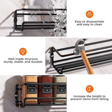 Настінна полиця для спецій, 4 шт. Організатор для спецій без свердління, металевий підвісний тримач для спецій з 8 самоклеючими та гвинтовими кріпленнями, для кухонної шафи/комори, чорний