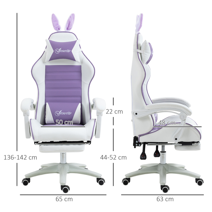 Ігрове крісло Vinsetto Ergonomic Gaming Chair з підтримкою попереку, підставкою для ніг, ігровий диван з вушками, подушкою для голови, офісне крісло з регульованою спинкою та функцією відкидання, фіолетовий | Aosom