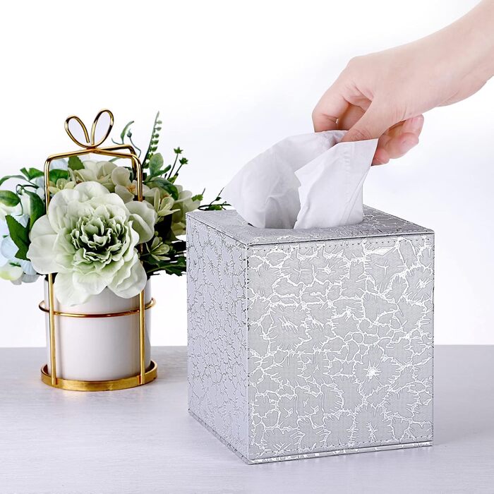 BTSKY Square Tissue Box Cover made of PU Leather – stylish cube-shaped tissue box holder with magnetic bottom, decorative PU tissue box for vanity dresser, bedside table, table