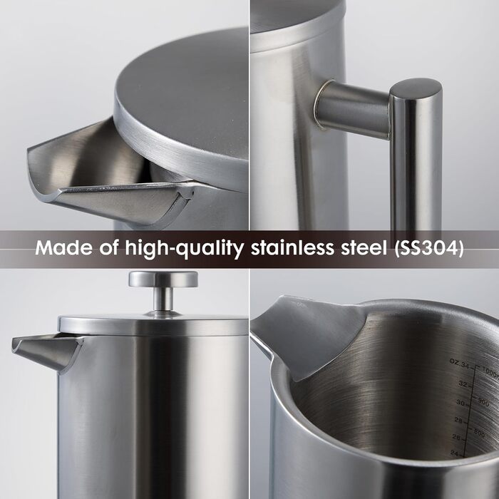 Набір для приготування кави френч-прес, термоізольований, з пітчером для спінювання молока, з нержавіючої сталі, 1 літр
