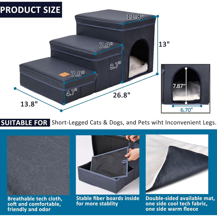Dog Stairs 3 Steps, Pet Stairs Foldable for Sofa & Bed, Removable Pet Stairs Folding with Storage Box, Multifunctional Pet Ladder for Small Dogs Cats (Blue)
