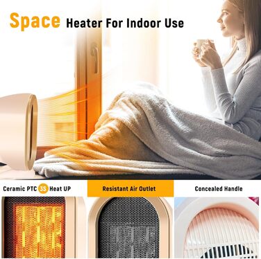 Електричний обігрівач Feebee: енергозберігаючий, тихий, 800/1200W, портативний, з контролем температури та захистом від перегріву та перекидання. Підходить для спальні, дому, офісу. (Білий, Бежевий)