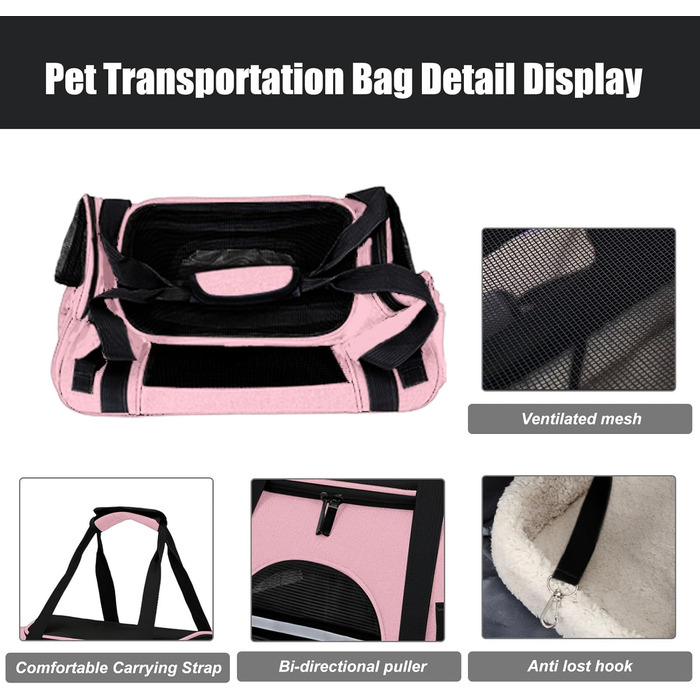 Транспортна сумка для тварин з підстилкою з флісу, рожева. Підходить для котів та собак до 10 кг.