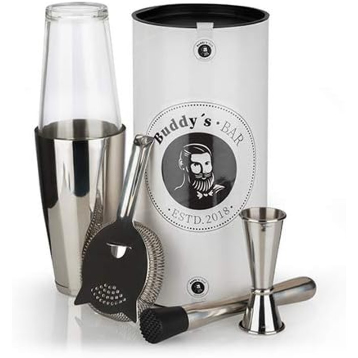 Boston Bar Set, 700 ml, Boston Cocktail Shaker, Bar Measure, Muddler, Bar Strainer, Food-Grade, Bar Set including Gift Box, (Polished Stainless Steel)
