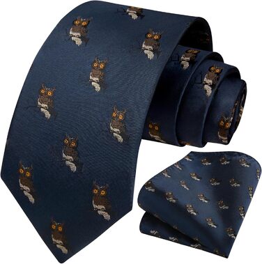 HISDERN Комплект краватки та кишенькового хустинки з принтом тварин для чоловіків, вечірній/діловий стиль, синій/сова, універсальний розмір