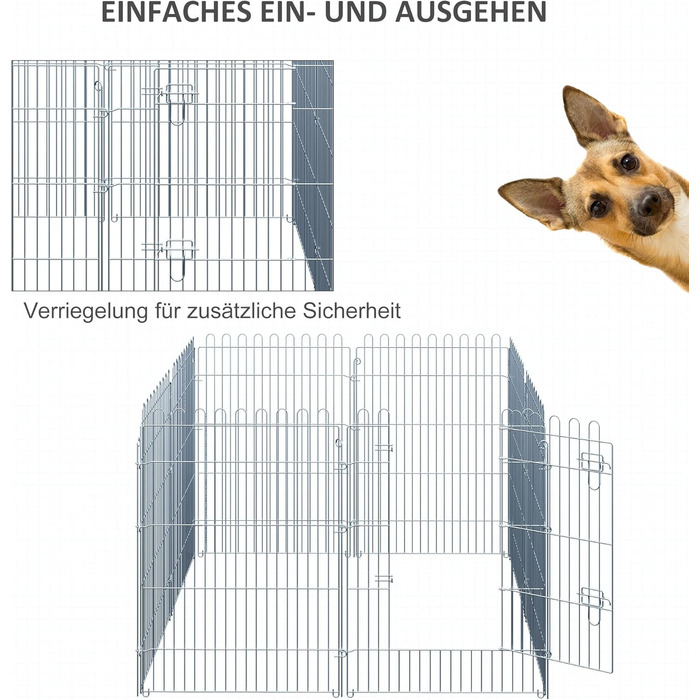 PawHut Вольєр для цуценят/собак, 8 панелей, 63B x 91H см, срібний, для собак, котів, цуценят, вольєр для собак на вулицю