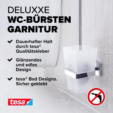 tesa DELUXXE Toilet Brush Set, chrome-plated, with satin glass - for wall mounting without drilling, including powerful adhesive solution - 98mm x 445mm x 138mm