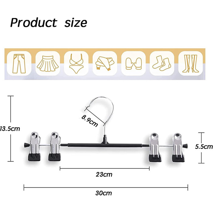 10 металевих вішалок для штанів, шкарпеток та спідниць з кліпсами, 30 см, антиковзаючі, хром, міцні, економія місця, чорний