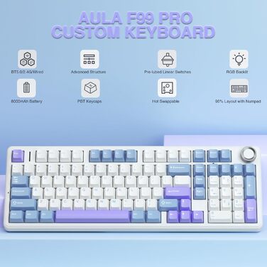 Механічна ігрова клавіатура AULA F99 Pro: RGB, Hot-swap, бездротовий 3-в-1, QWERTY
