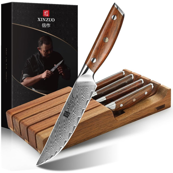 Ніж кухарський XINZUO Damaststahl Kiritsuke 21см - професійний, з нержавіючої сталі Дамаск, з ручкою з рожевого дерева, 5-ти річний набір ножів для стейку