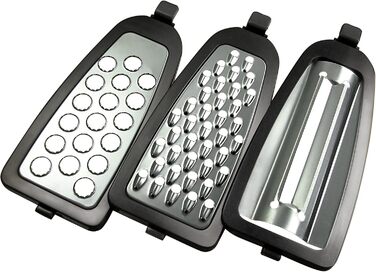 Palm Grater - Comfortable Compact Hand Grater. Vertical and Horizontal Hanging on Hook. Peeler, Slicer, Grater, Zester, All-in-One. Food Storage Compartment. 3 Stainless Steel Blades