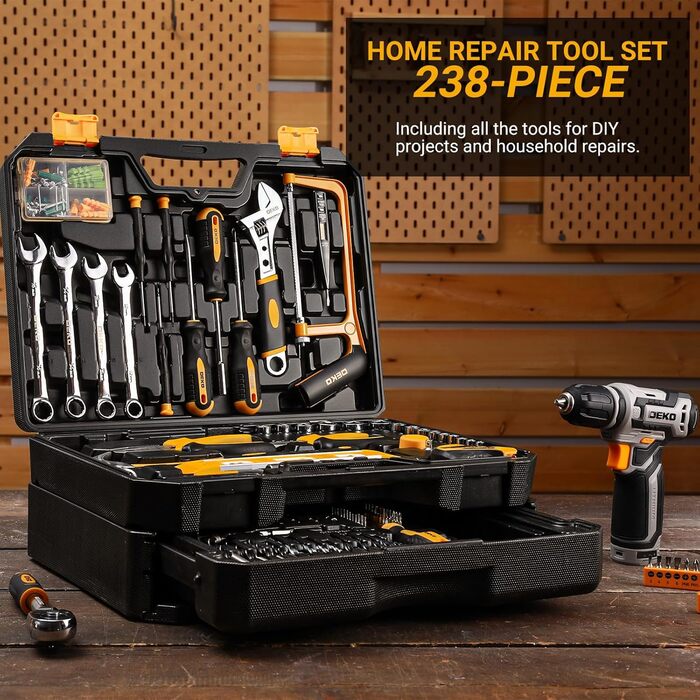 Акумуляторний дриль-шуруповерт DEKO 12V: набір інструментів 238 шт. з кейсом. Електричний дриль для дому, рукоділля та дрібного ремонту. Жовтий.