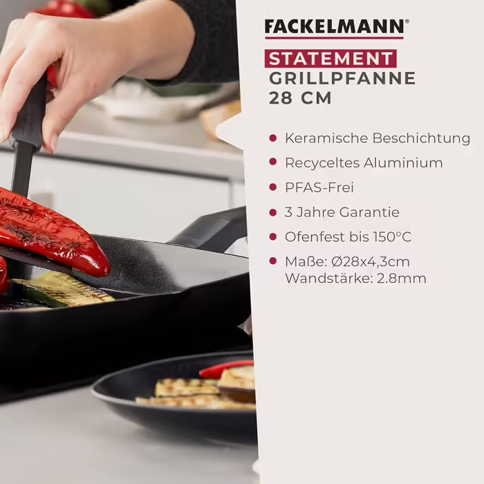 Fackelmann Grill Pan 28cm Statement – Ceramic Coated Pan - Recycled Aluminium with Non-Stick Coating – Suitable for all hob types including induction, PFAS-free 28 cm Grill Pan
