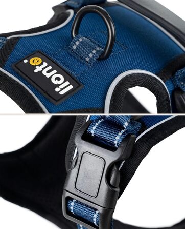 Нашийник для собак Lionto з м'якого нейлону, великий розмір, з відбиваючими елементами, анти-тяга, з 2 кільцями та 4 ремінцями, з двома застібками-кліпсами та гумовою ручкою (XL, блакитний)