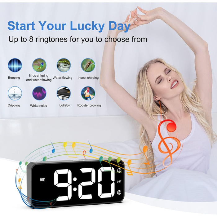 LED-годинник LATEC з двома будильниками, USB-порт для зарядки, регулювання яскравості, гучність 90-120 дБ, 8 мелодій, 12/24 год, чорний