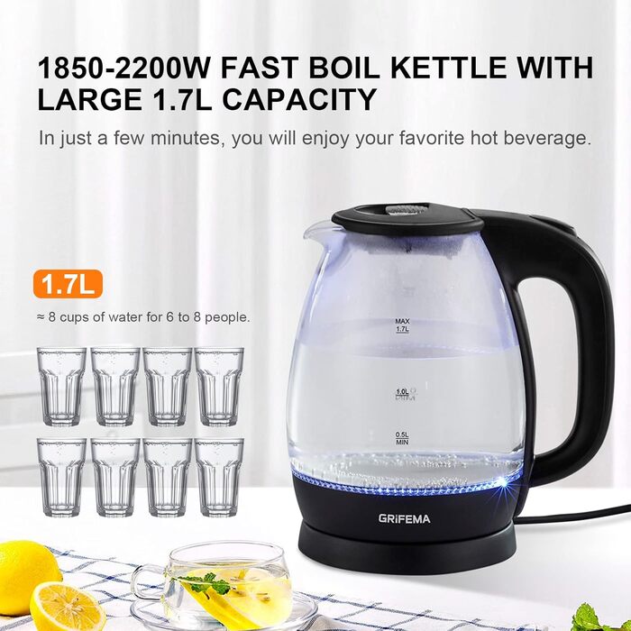 Електричний чайник GRIFEMA 0.8L, 1100W з фільтром від накипу, без BPA, автоматичне вимкнення, захист від перегріву, білий (скло 1.7L)