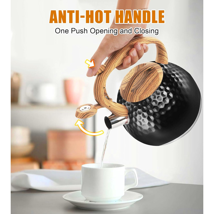 Чайник-свисток Foedo з нержавіючої сталі з дерев'яною текстурою, 3.2 л, для чаю, кави та молока, класичний дизайн, червоний (Чорний-6)