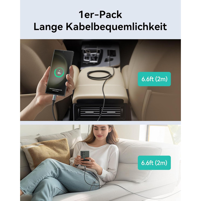 Кабель USB-C 100W, 2м, чорний: для iPhone, Samsung, Pixel, iPad, MacBook