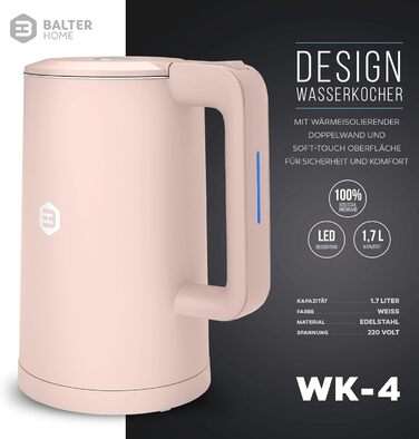 Balter Stainless Steel Kettle WK-4, 1.7 Liter, Electric Kettle, Double-Walled Design, BPA Free, LED, Compact Tea Kettle, Quiet (Black) (Pink)