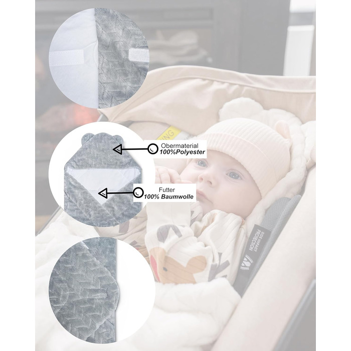 Дитяча ковдра-конверт Bo DANKA для автокрісла, коляски та Maxi Cosi, 80x80 см, з капюшоном і липучкою, універсальна, сіра, для новонароджених, зима-літо