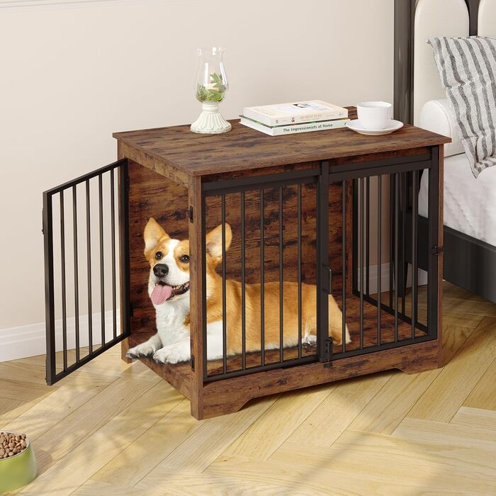 Hzuaneri Modern Wooden Dog Crate Furniture - Indoor Dog Box with Sliding Doors for Small/Medium Dogs - 81cm Height, 55x81x67.5cm, Vintage Brown DFC83601B