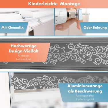 Двошарова рулонна штора Klemmfix без свердління 4в1 з візерунком, сіро-срібляста, з блиском, 50x200 см, рослинний і квітковий мотив, з ланцюжком, рулонні штори для вікон і дверей