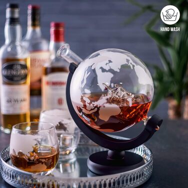 Oak & Steel - XL Premium Globus Whisky Decanter Set with World Map, 1500ml - Decanter with 2 Glasses, 4 Whiskey Stones & More - Gift Set for Christmas