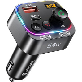 FM-трансмітер Syncwire 5.4 Bluetooth для авто, 54W, PD & QC 3.0, USB-C, подвійний мікрофон, HiFi бас, швидка зарядка, LED-підсвітка, бездротовий радіоприймач, чорний