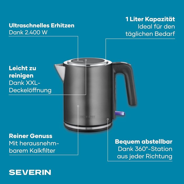 Електричний чайник SEVERIN WK 3489, 1 л, чорний/нержавіюча сталь, з індикатором рівня води та фільтром від накипу