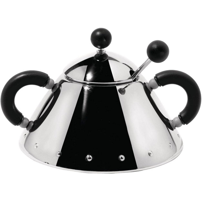 Alessi Sugar Bowl with Spoon, Stainless Steel, PA Handles and Knob, Black, Silver, 35.5 x 10.5 x 18.5 cm