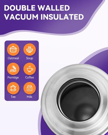 Термос-термокана з нержавіючої сталі SANTECO 1л, 500мл, не протікає, з кришкою-чашкою для подорожей. Термос для кави та чаю для дітей, спорту, без BPA, 24 години холод, 12 годин тепло (фіолетовий, 500 мл)