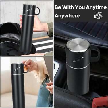 Термос із нержавіючої сталі 550 мл - термос-термокружка з чашкою та ручкою, вакуумний термос 12 годин гарячий / 12 годин холодний, нековзний термос для кави в дорогу для спорту, роботи, школи, автомобіля (Чорний)