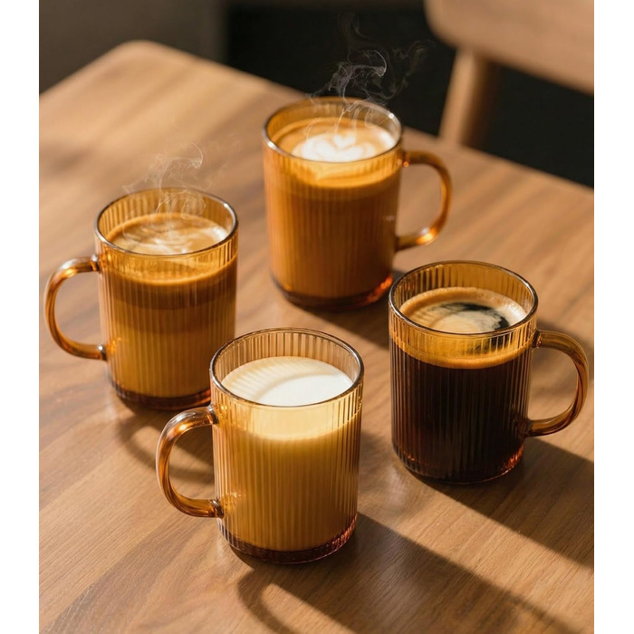 Набір з 4 чашок капучино 350мл, скляні, з рифленням, для лате/капучино/напоїв/кави/чаю - золоті