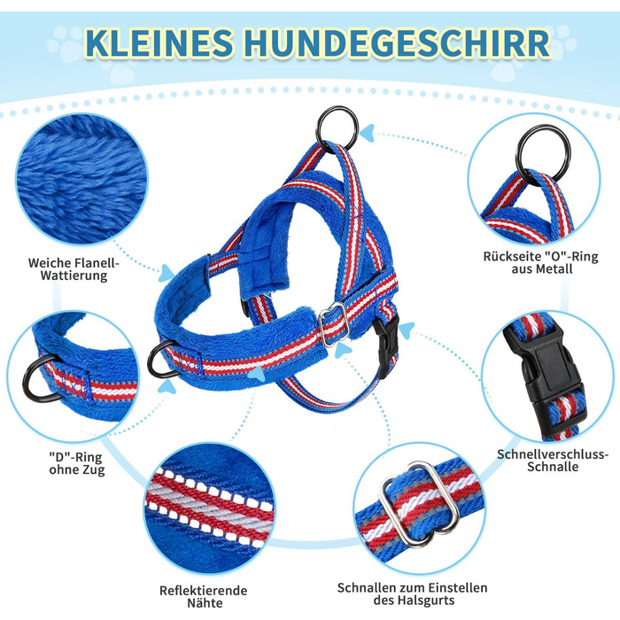 Нашийник для собак середніх та маленьких порід, м'який, не тягне, з 2 кліпсами для повідка, легкий, світловідбиваючий, чорний (S, Темно-синій)