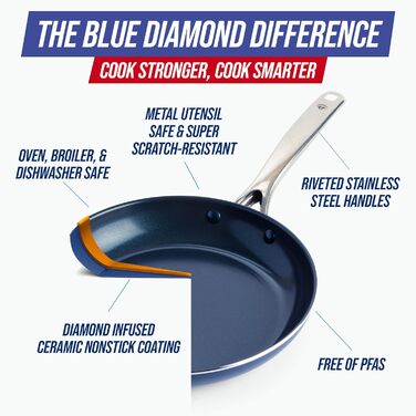 Набір посуду Blue Diamond 14 предметів з керамічним антипригарним покриттям Diamantstruktur - сковороди, каструлі, ковші та аксесуари. Без PFAS, підходить для миття в посудомийній машині та духовки, синій колір