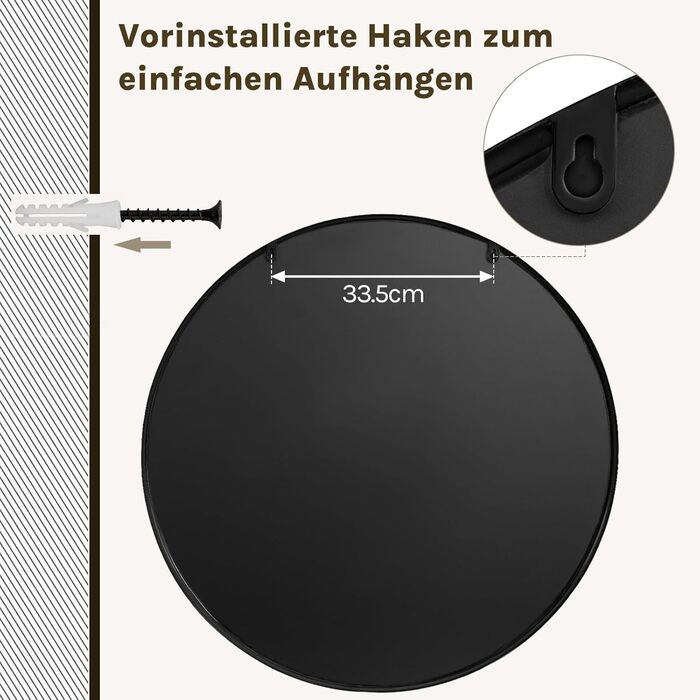 Круглий настінний дзеркало WOLTU 40 см: сучасний декор для ванної, спальні, вітальні, коридору. Дзеркало з рамою, скло, метал, MDF, з гачком. 81x81 см, чорний колір