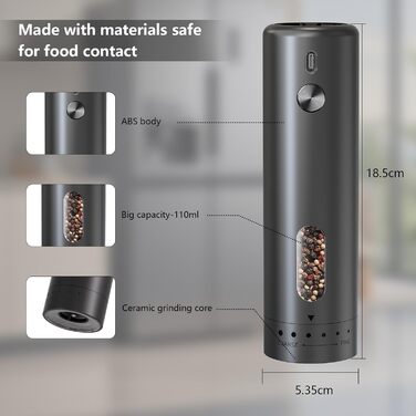Electric Salt and Pepper Grinder Set, Rechargeable, Automatic Electric Pepper Grinder Set with Large Capacity 110ml, Externally Adjustable Coarseness, LED Light, and One-Hand Operation, Black