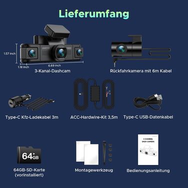 Автомобільний відеореєстратор LAMTTO 4K 360°: 4 канали (перед, зад, салон, боки), 2K передня камера, 1080P, 5GHz WiFi, нічна ІЧ-зір, датчик удару G-сенсор, паркувальний моніторинг, з карткою 64GB та Hardwire-kit