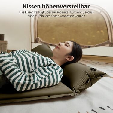 Каремат Naturehike самонадувний з подушкою, комбінований двомісний, ультралегкий, 3 см, армійний зелений, для кемпінгу та подорожей