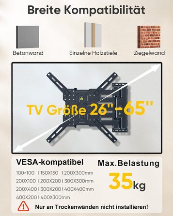 Кронштейн для телевізора FORGING MOUNT поворотний 26-65 дюймів, VESA 400x400, до 35 кг, подовжений 1035 мм