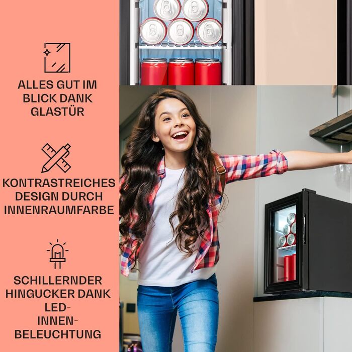 Klarstein Mini Fridge with Glass Door - Beverage, Snack & Cosmetic Cooler, Compact & Quiet, Adjustable Shelves, Skincare Fridge 12-18°C, 42L, Black and White