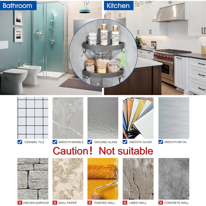 FIISAYL Shower Shelf No Drilling Shower Rack Corner Bathroom Organizer Shower Basket, Shower Corner Shelf with 4 Hooks Space Aluminum Wall Mount Grey, 2 Pack